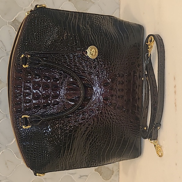 Brahmin Large Duxbury Dark Brown Black Melbourne Croc Embossed Women Satchel Bag - Picture 1 of 7